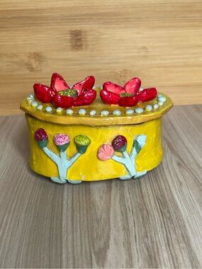 New Handmade yellow lidded jewelry box or decorative item make from air dry clay